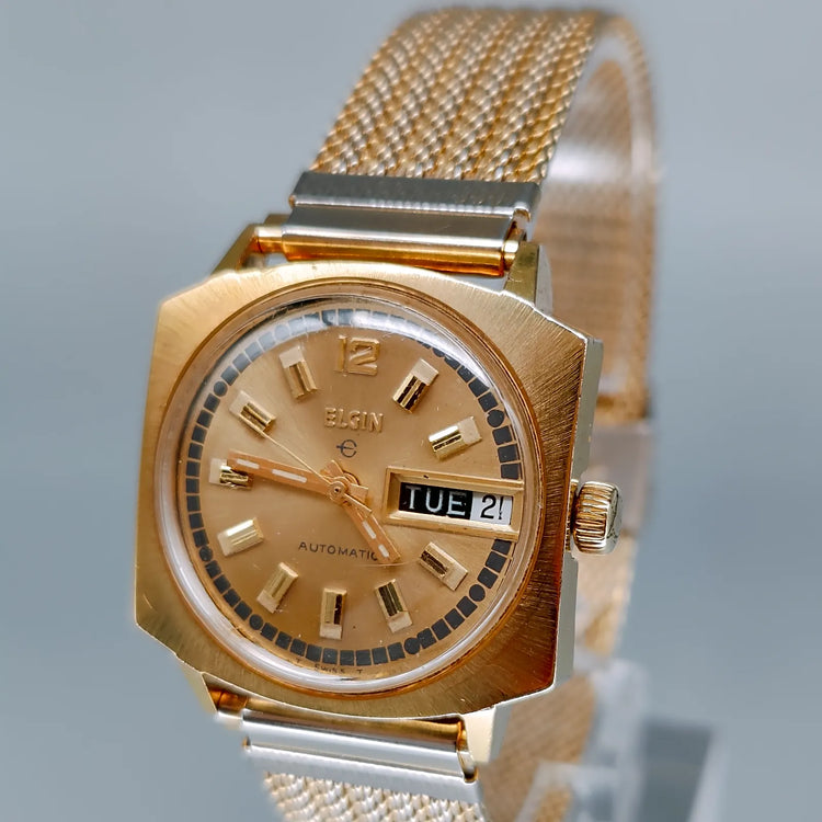 Elgin, Square, Automatique, Or plaqué, 1970, Montres bracelet