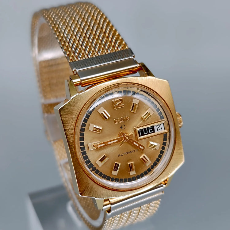 Elgin, Square, Automatique, Or plaqué, 1970, Montres bracelet