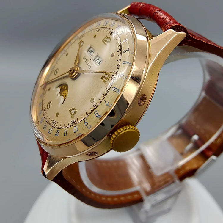 Leonidas pre-Heuer, Triple quantieme phase de lune, Manuel, Or jaune massif, 1940, Montres bracelet