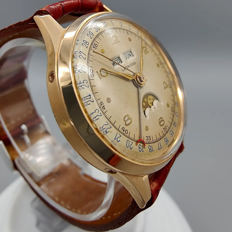 Leonidas pre-Heuer, Triple quantieme phase de lune, Manuel, Or jaune massif, 1940, Montres bracelet