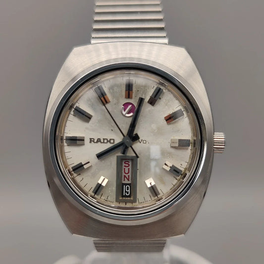 Cadran Rado Voyager 1975, montre automatique vintage femme, mouvement automatique, cadran argenté.