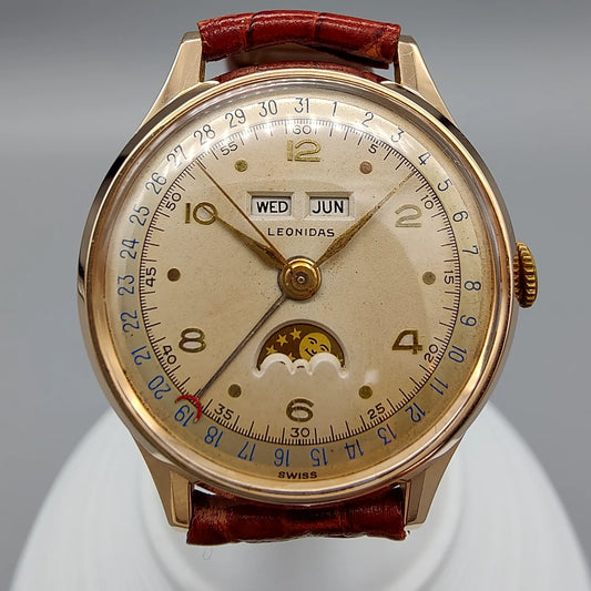 Leonidas pre-Heuer, Triple quantieme phase de lune, Manuel, Or jaune massif, 1940, Montres bracelet