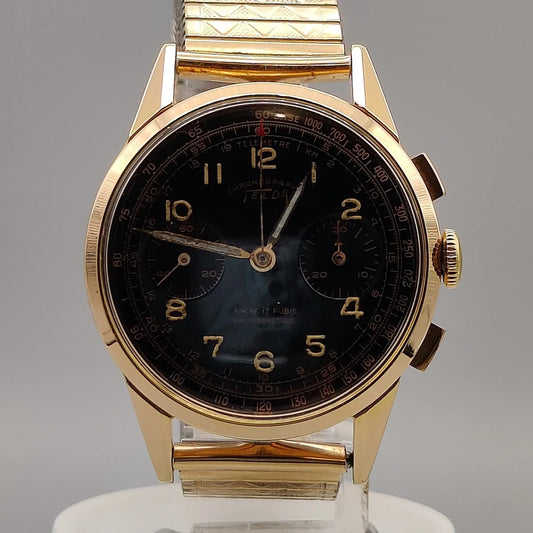 Cadran noir détaillé de la montre vintage Telda Meangraf 660 FT, année 1950. Une pièce de collection.